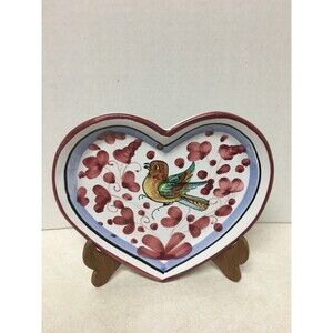 DERUTA Made In Italy Hand Painted Red Heart Bird Trinket Dish 6.5”